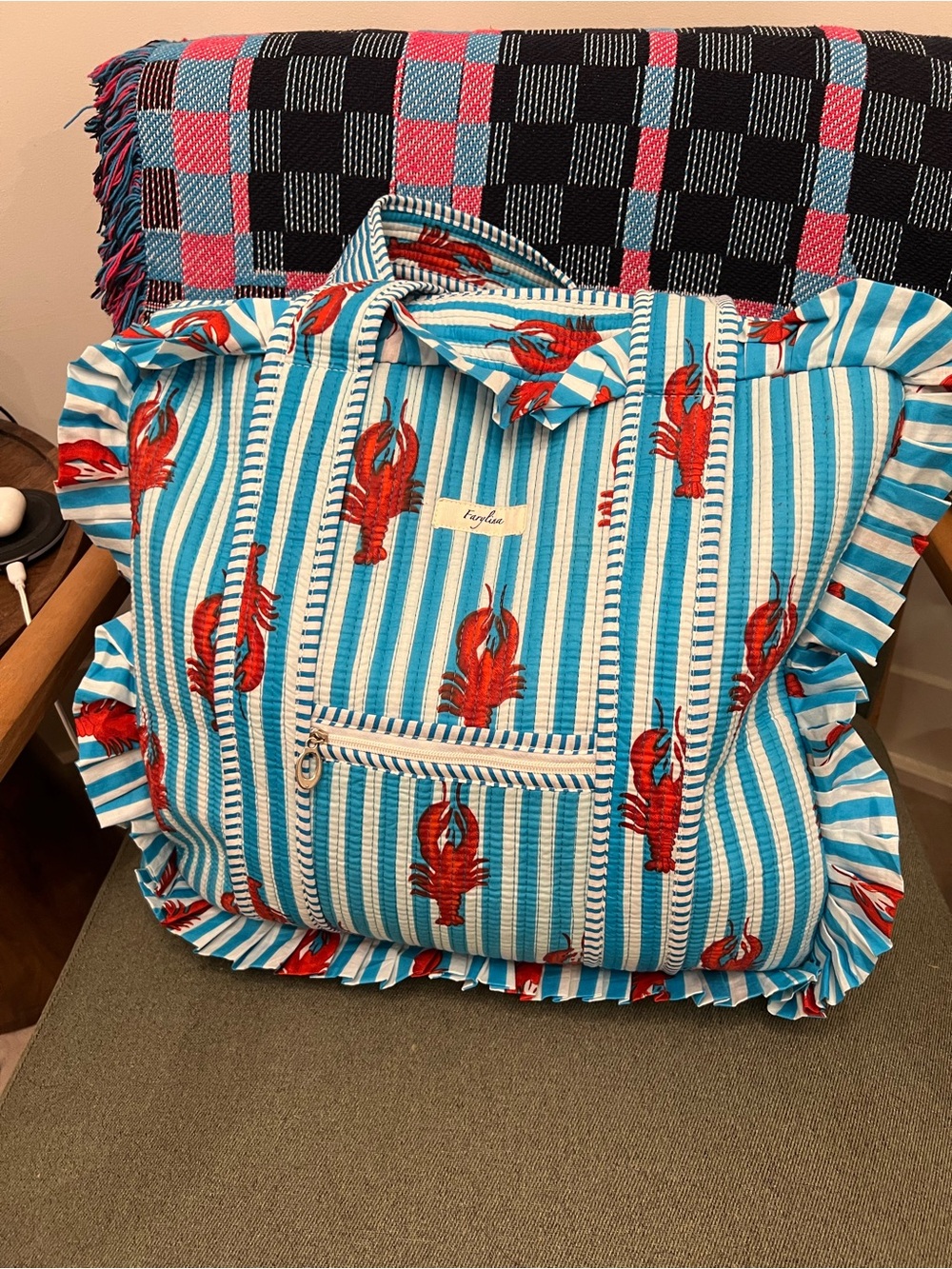 Farylina Seafaring Lobster Print Tote Bag - Blue & Red. EUC